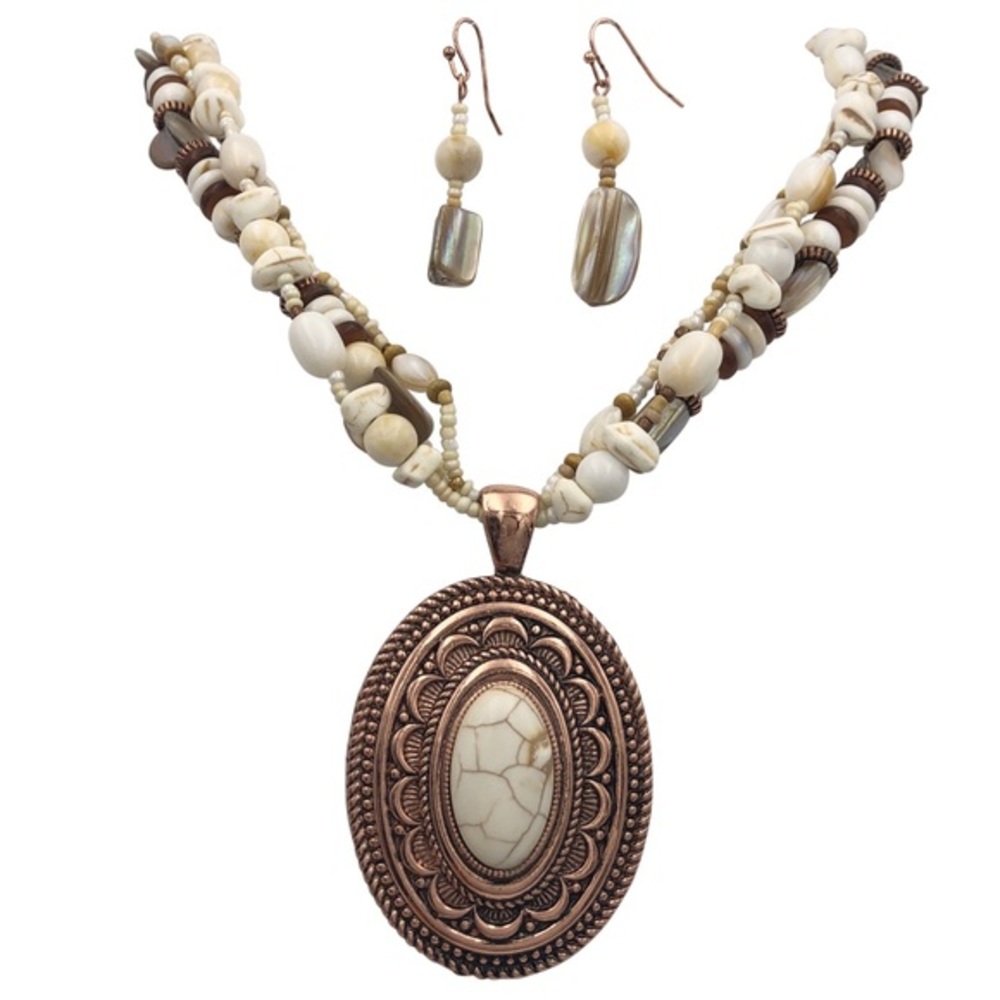 Ivory Stone Copper Concho Necklace Earrings Set